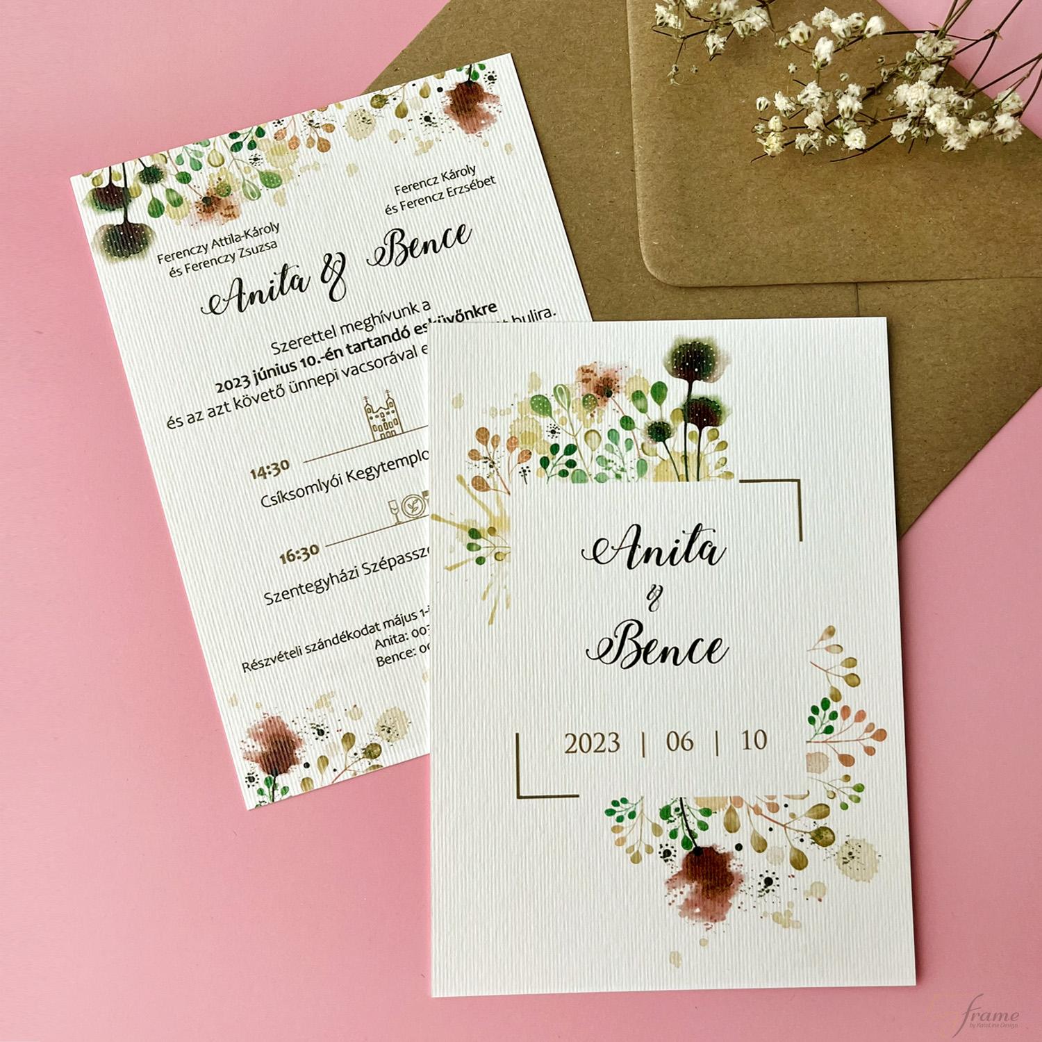 Kétoldalas watercolor florals esküvői meghívó rendelésre